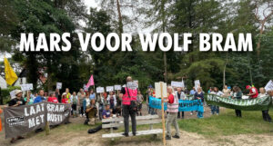 Foto van activisten in het bos van Maarn. Met daarop de tekst: 'Mars voor wolf Bram'